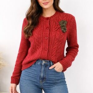 Hasting & Smith Brick Red Cable Knit Cardigan Sweater Size L Long Sleeves Button